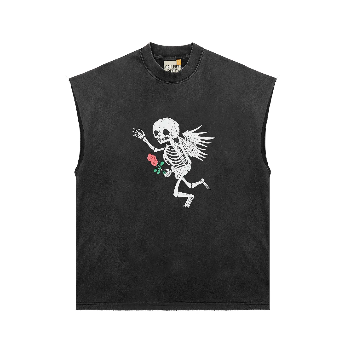 pt model number #G1003 P116 GALLERY DEPT. Distressed and frayed sleeveless waistcoat short sleeves. Skeleton ☠️ hand-held rose print. Made of 280G double yarn pure cotton. The fabric is comfortable and stylish. After washing and distressing, the upper body becomes more fashionable and cool. The collar and hem are frayed. The design is full. The US version is too large. Color: washed black. Size S/M/L/XL